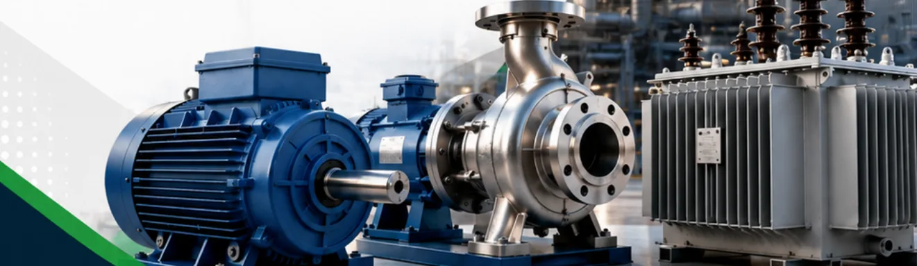 Motor eléctrico, bomba centrífuga y transformador de distribución que distribuye AE Energy, listos para instalación.