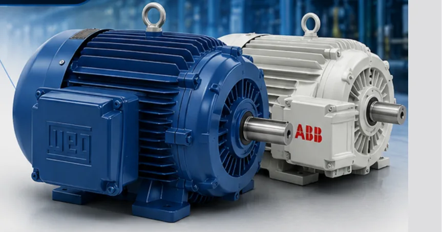 Motor eléctrico trifásico WEG en azul junto a motor ABB en blanco, lado a lado.