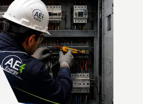 Técnico de AE Energy dando mantenimiento a un cuarto eléctrico con multímetro.